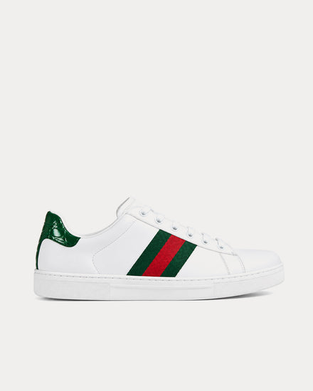 Gucci Ace with Trim & Crocodile-Print White / Green Low Top Sneakers - 1