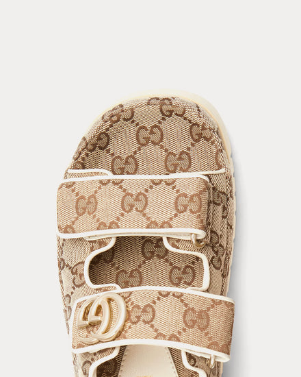 Gucci Double G in GG Canvas Beige / Dark Brown Sandals - 5