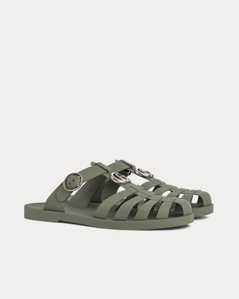 Gucci Double G Rubber Dark Green Mules - 3