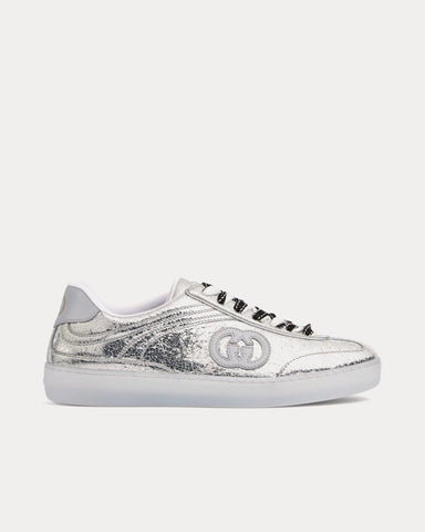 Gucci G75 Textured Leather Silver Low Top Sneakers