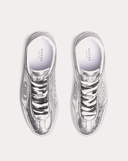 Gucci G75 Textured Leather Silver Low Top Sneakers - 2