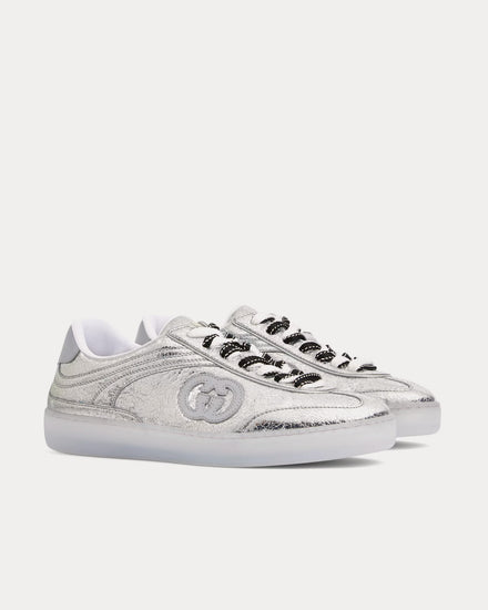 Gucci G75 Textured Leather Silver Low Top Sneakers - 3