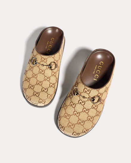 Gucci Horsebit GG Canvas Camel / Dark Brown Mules - 2