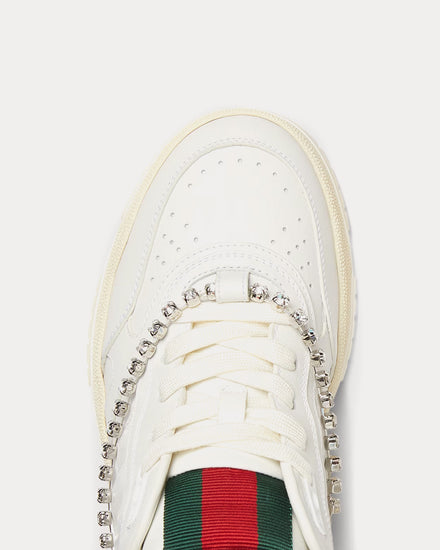 Gucci Re-Web Leather with Crystal Chain & Gucci Charm Detail White Low Top Sneakers - 4