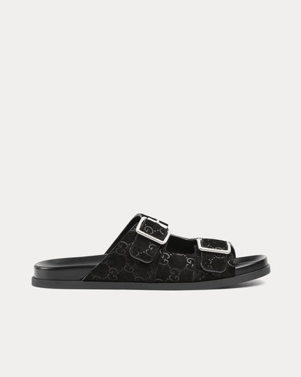 Gucci Slide Buckle GG Suede Black Sandals - 1