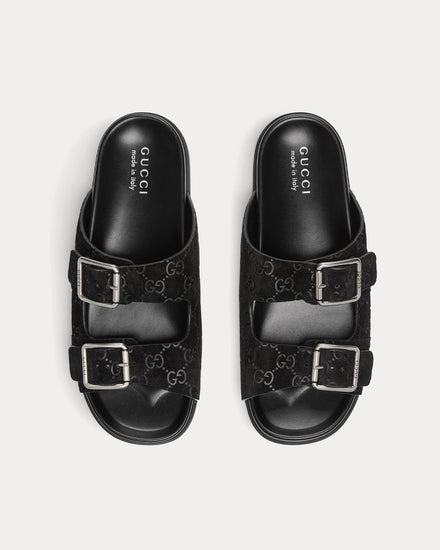 Gucci Slide Buckle GG Suede Black Sandals - 2