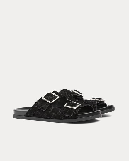 Gucci Slide Buckle GG Suede Black Sandals - 3