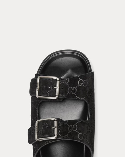 Gucci Slide Buckle GG Suede Black Sandals - 5