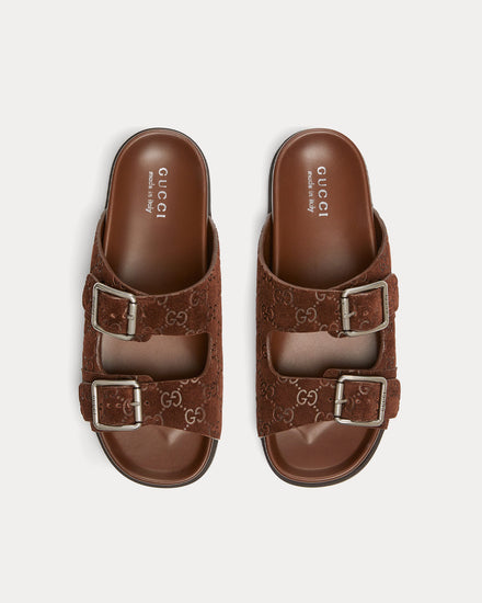 Gucci Slide Buckle GG Suede Brown Sandals - 2
