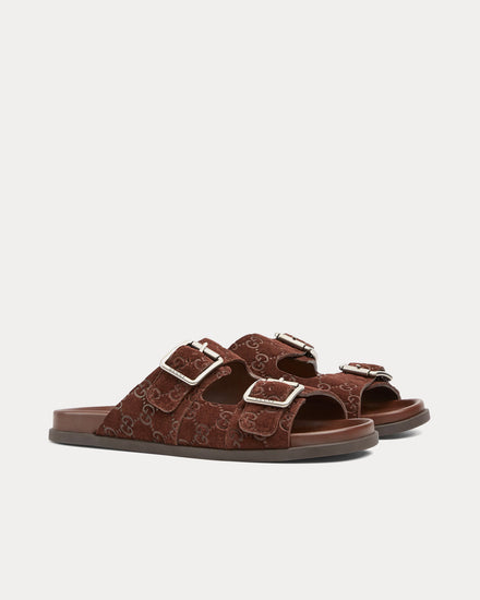 Gucci Slide Buckle GG Suede Brown Sandals - 3