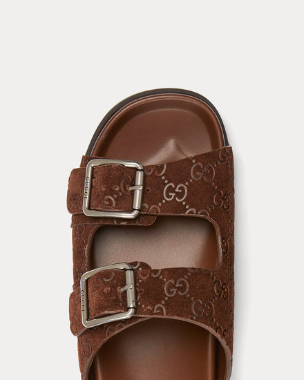 Gucci Slide Buckle GG Suede Brown Sandals - 5