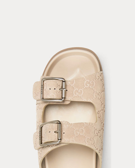 Gucci Slide Buckle GG Suede Oatmeal Sandals - 5