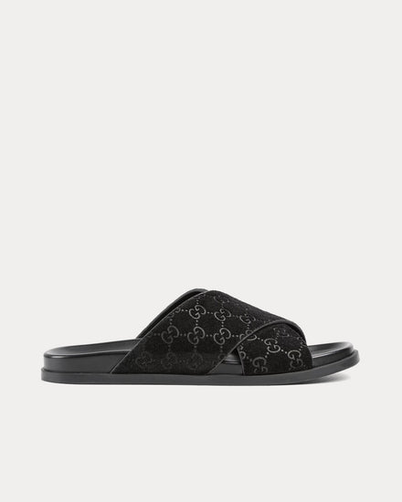 Gucci Slide Crossover GG Suede Black Sandals - 1