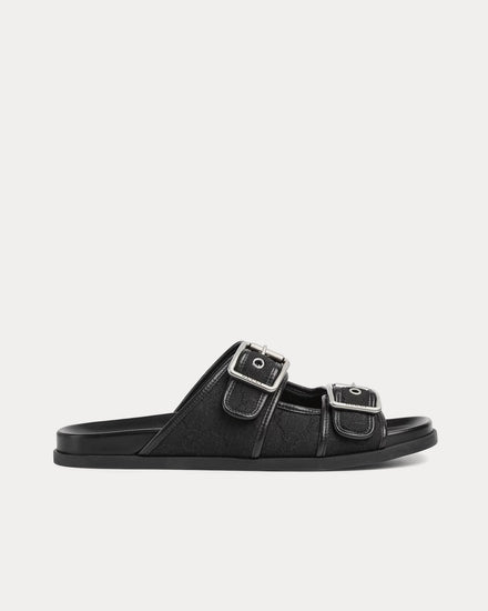 Gucci Slide Buckle GG Canvas Black Sandals - 1