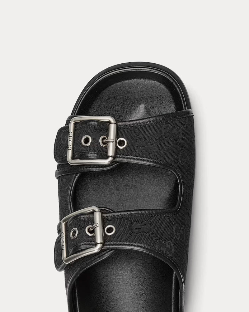 Gucci Slide Buckle GG Canvas Black Sandals - 5