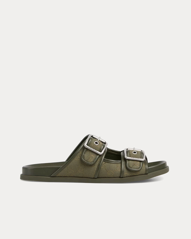 Gucci Slide Buckle GG Canvas Dark Green Sandals - 1