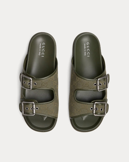 Gucci Slide Buckle GG Canvas Dark Green Sandals - 2