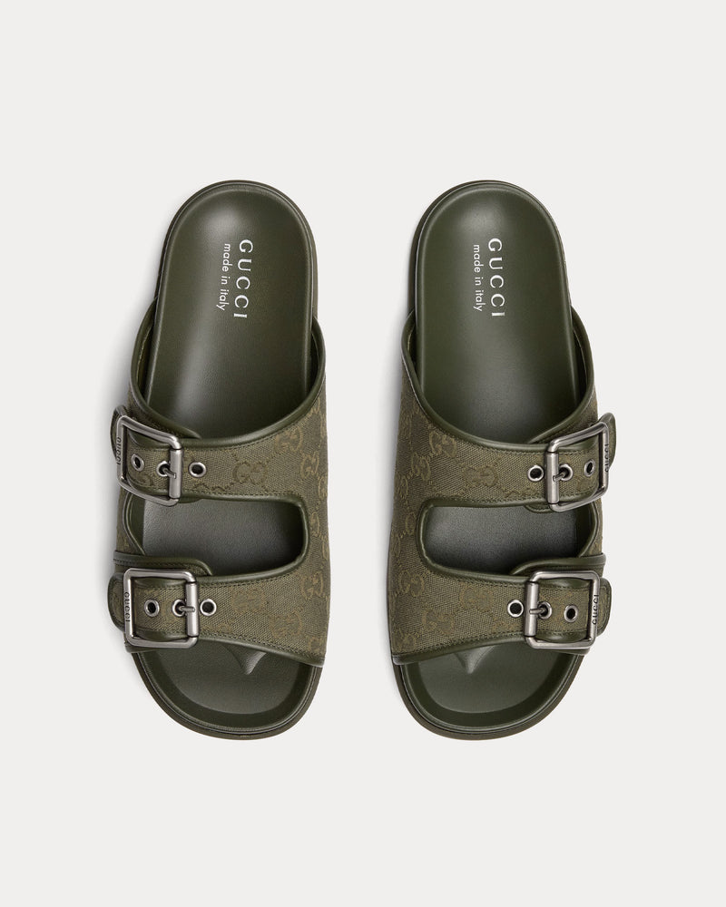 Gucci Slide Buckle GG Canvas Dark Green Sandals - 2