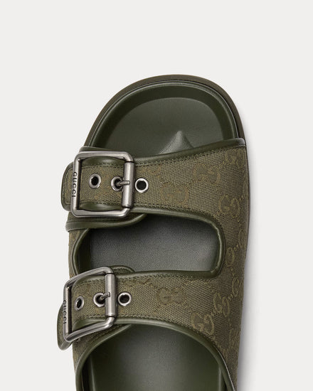 Gucci Slide Buckle GG Canvas Dark Green Sandals - 5