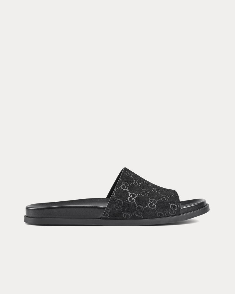 Gucci Slide Strap GG Suede Black Sandals - 1