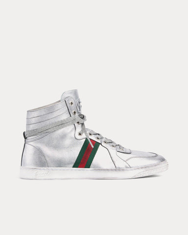 Gucci Stretch Leather Silver High Top Sneakers