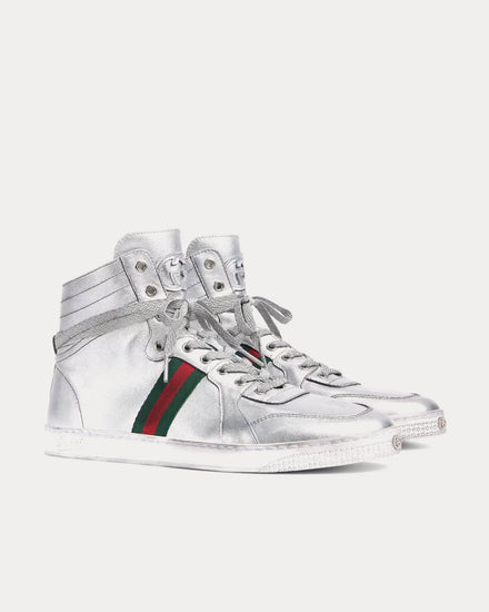 Gucci Stretch Leather Silver High Top Sneakers - 3