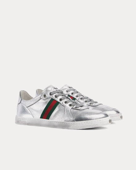 Gucci Stretch Leather Silver Low Top Sneakers - 3