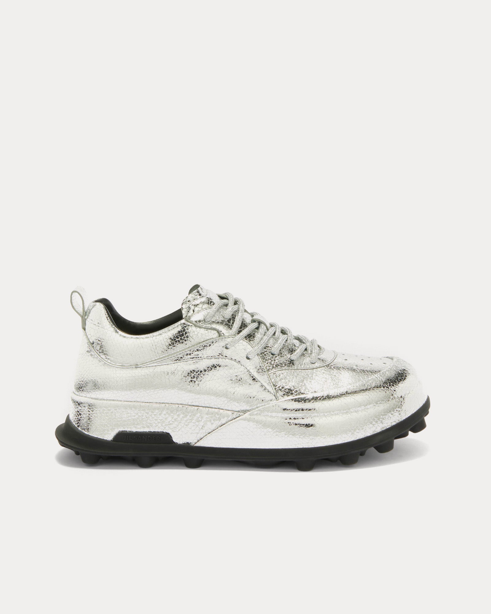 靴 JIL SANDER ORB LOW TOP SNEAKER Jil Sander Men's Orb Metallic Leather Silver Low Top Sneakers