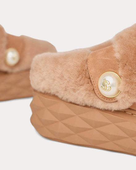 Jimmy Choo Diamond Maxi Mule F Suede Shearling Toffee / Toffee Slip Ons - 5