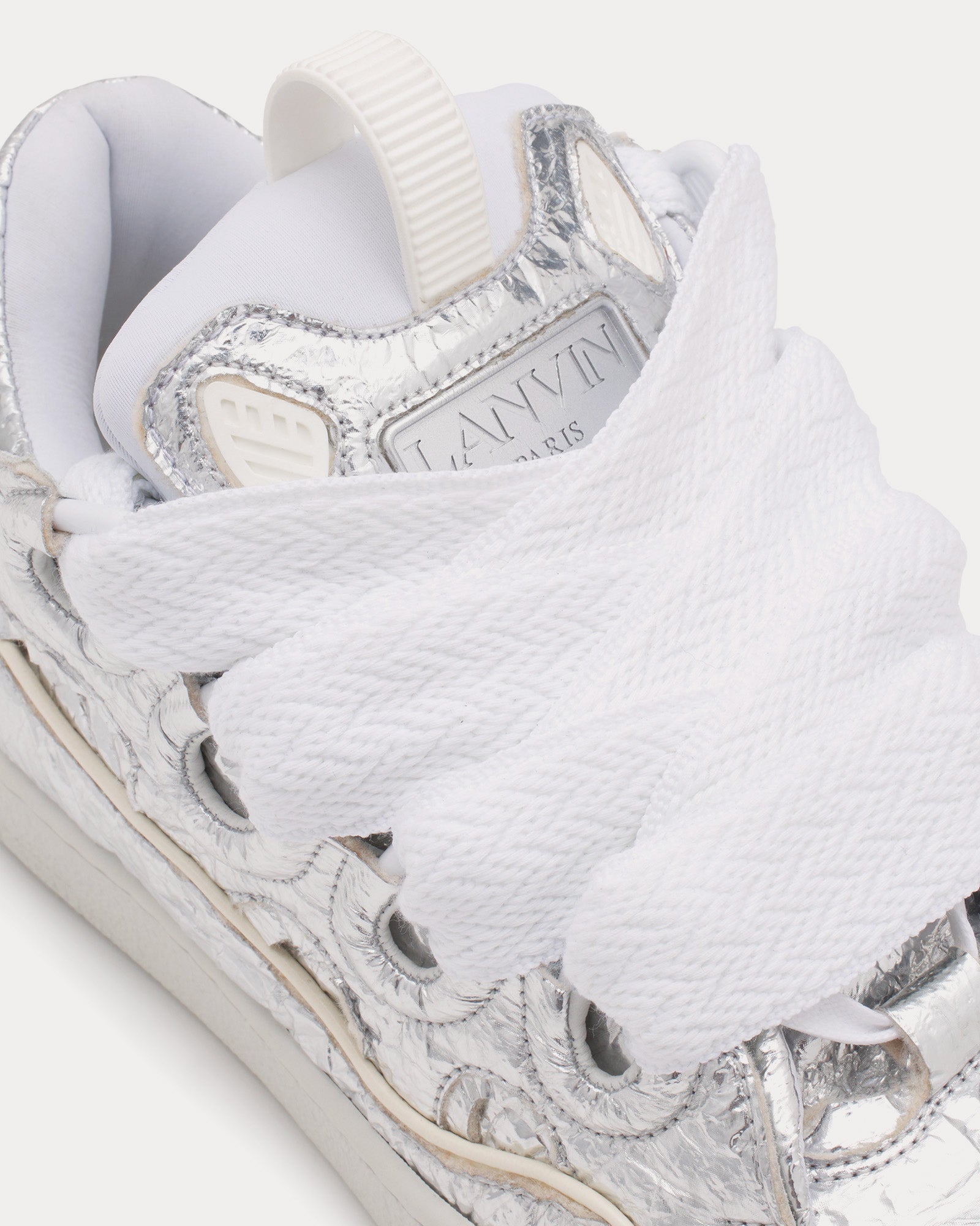 Lanvin - Curb Crinkled Metallic Leather Silver Low Top Sneakers