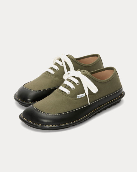 Loewe Bay Canvas & Vegetable-Tanned Calfskin Khaki Green / Black Low Top Sneakers - 2