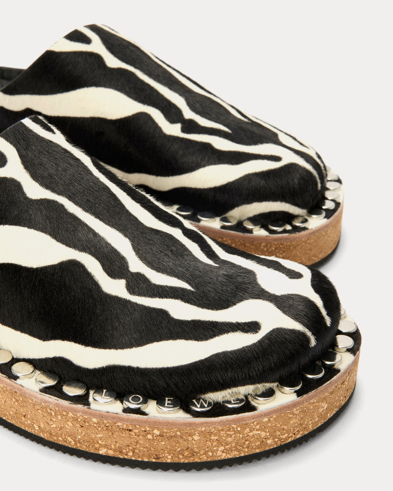 Loewe x Paula's Ibiza Rivet Hairy Calfskin Black / White Mules - 3