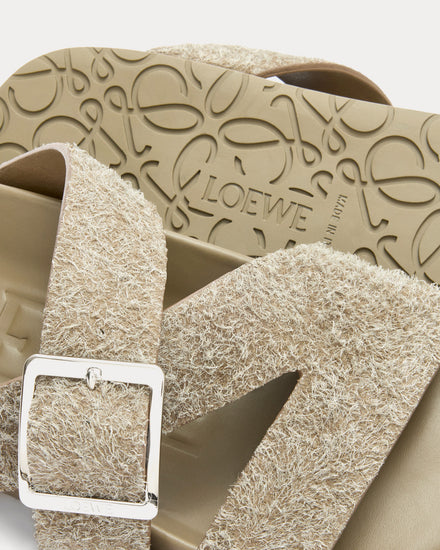 Loewe x Paula's Ibiza Ease Buckle Brushed Suede Khaki Green Slides - 3