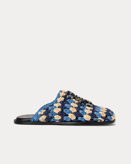 Loewe x Paula's Ibiza Flex Raffia & Calfskin Navy / Sky Blue Mules - 1