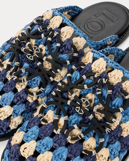 Loewe x Paula's Ibiza Flex Raffia & Calfskin Navy / Sky Blue Mules - 4