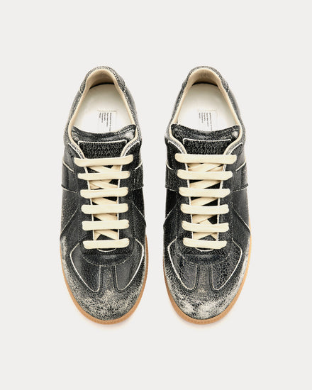 Maison Margiela Replica Distressed Cracked Leather Black Low Top Sneakers - 2