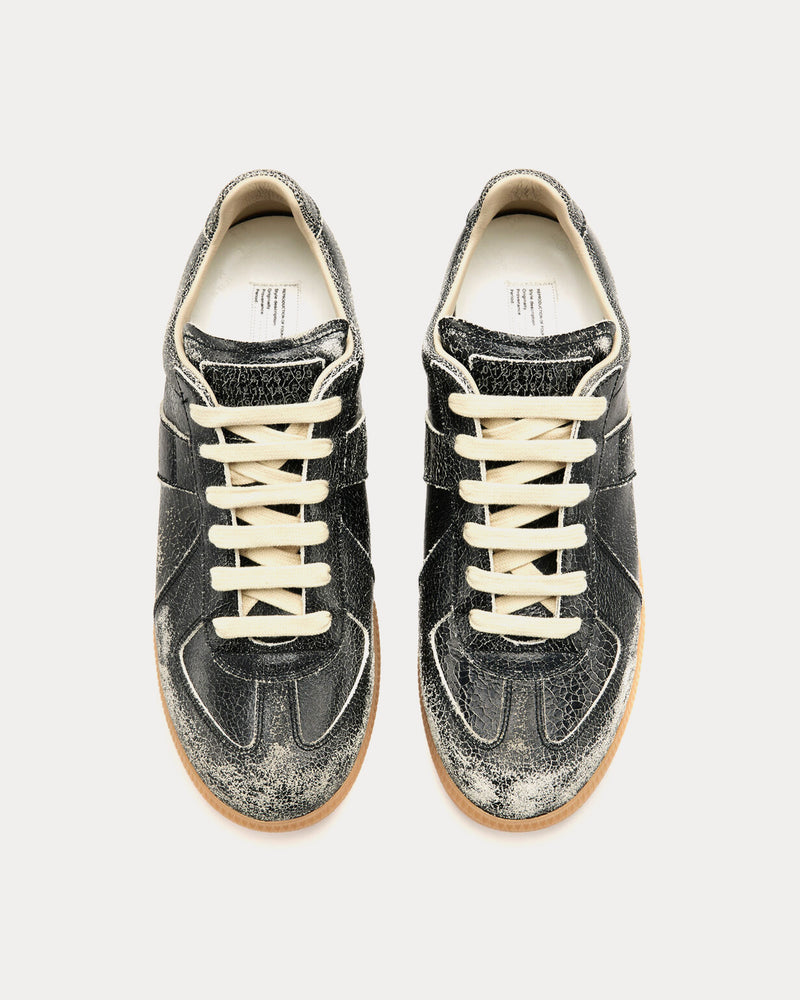 Maison Margiela Replica Distressed Cracked Leather Black Low Top Sneakers - 2