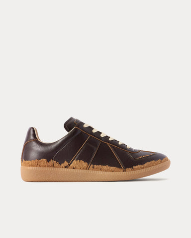 Maison Margiela Replica Distressed Peel-Off Effect Leather Dark Brown Low Top Sneakers