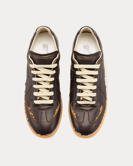 Maison Margiela Replica Distressed Peel-Off Effect Leather Dark Brown Low Top Sneakers - 2
