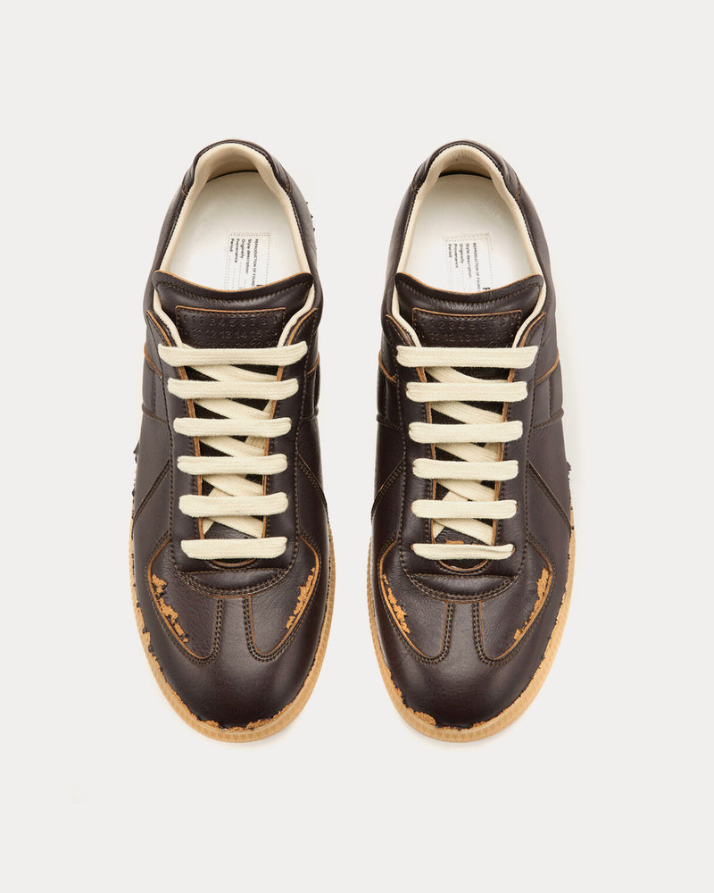 Maison Margiela Replica Distressed Peel-Off Effect Leather Dark Brown Low Top Sneakers - 2