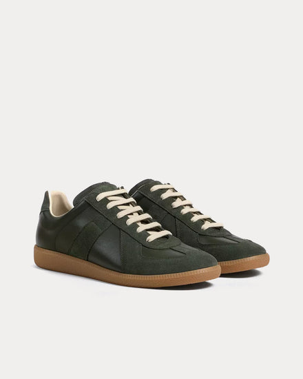 Maison Margiela Replica Leather & Suede Military Green Low Top Sneakers - 3