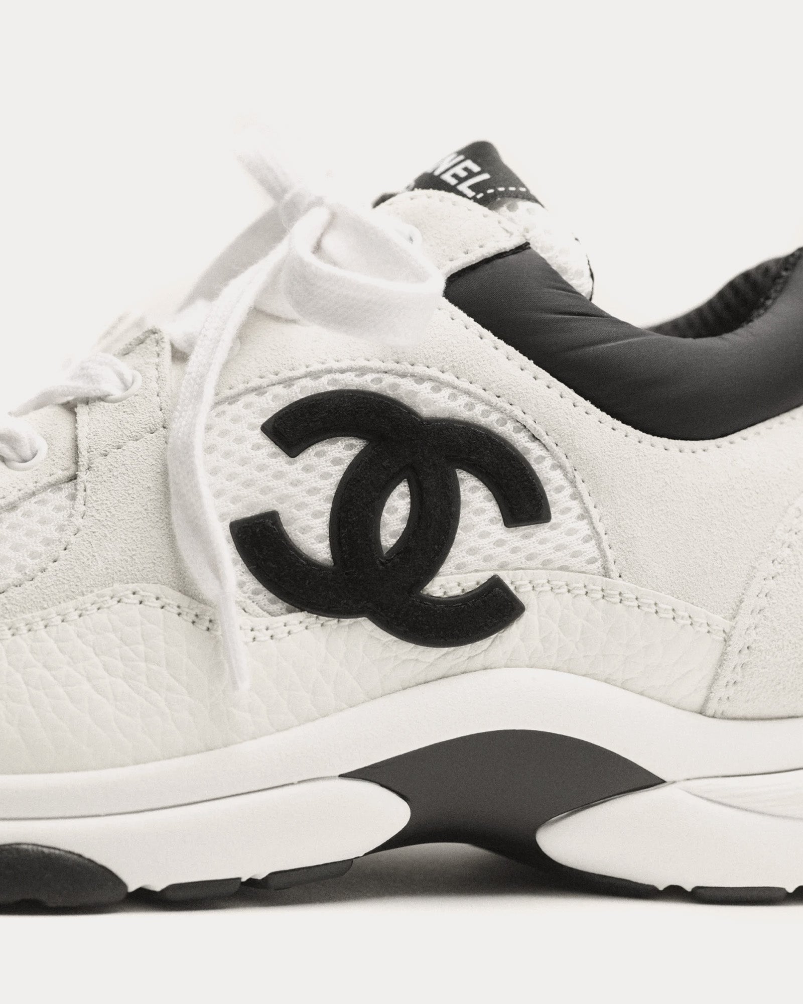 Chanel Mesh Suede Calfskin Grained Calfskin White Black Low Top Sneakers Sneak in Peace