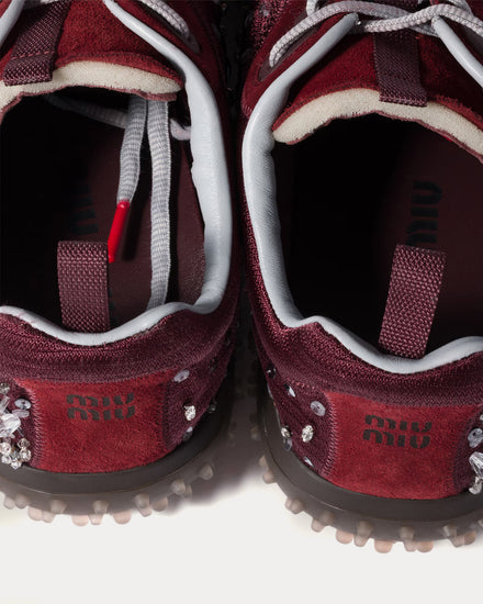 Miu Miu Bubble Embroidered Technical Fabric & Suede Burgundy Low Top Sneakers - 5