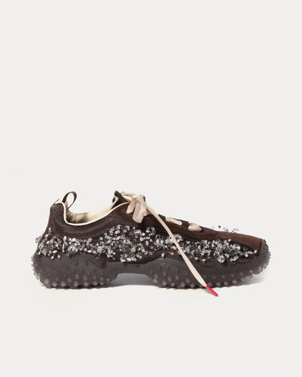 Miu Miu Bubble Embroidered Technical Fabric & Suede Dark Brown Low Top Sneakers - 1