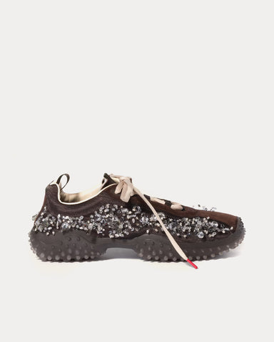 Miu Miu Bubble Embroidered Technical Fabric & Suede Dark Brown Low Top Sneakers