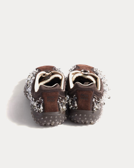 Miu Miu Bubble Embroidered Technical Fabric & Suede Dark Brown Low Top Sneakers - 4