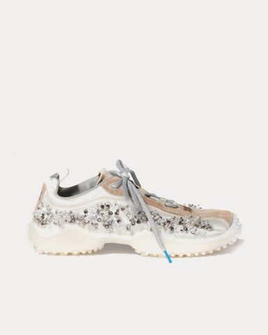 Miu Miu Bubble Embroidered Technical Fabric & Suede Ivory Low Top Sneakers