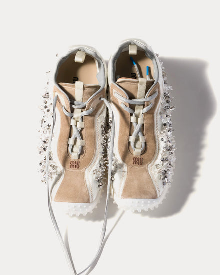 Miu Miu Bubble Embroidered Technical Fabric & Suede Ivory Low Top Sneakers - 2