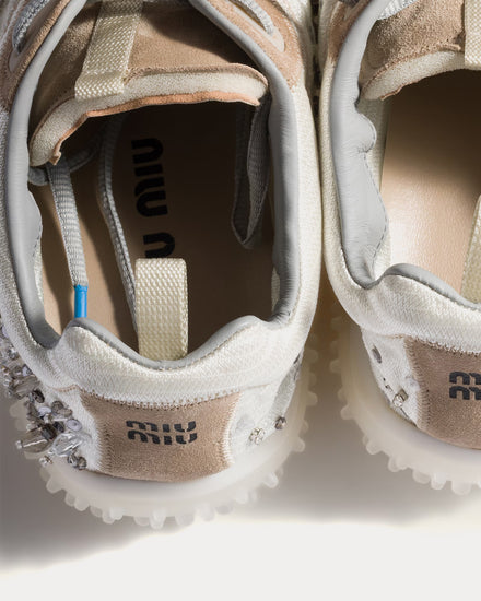 Miu Miu Bubble Embroidered Technical Fabric & Suede Ivory Low Top Sneakers - 5
