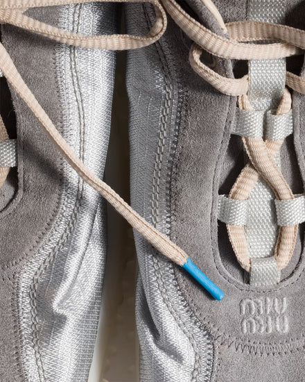 Miu Miu Bubble Technical Fabric & Suede Cloudy Grey Low Top Sneakers - 5